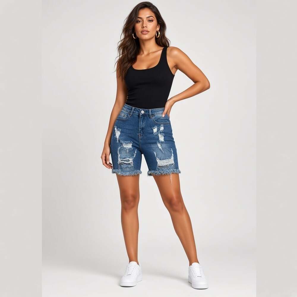 American Bazi Destroyed Denim Shorts NWT Womens S RSS-5280 Blue Ripped Frayed